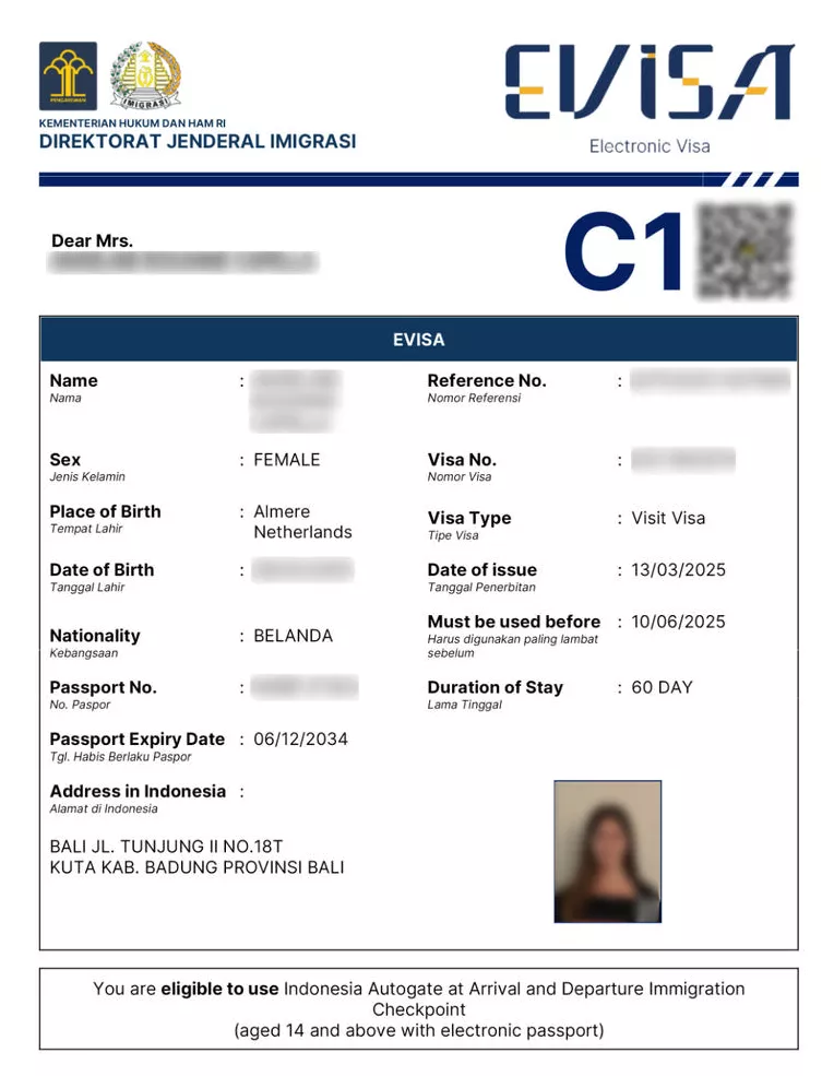 Exemple visa Bali Indonésie